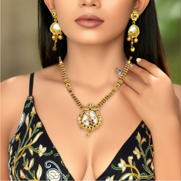 8. Traditional Gold-Plated Bridal Necklace Set with Earrings – Ethnic Indian Wedding Jewelry - Image 5