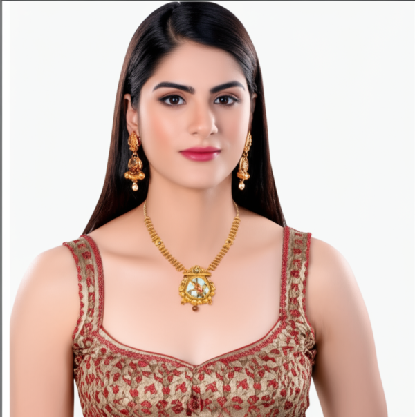 8. Traditional Gold-Plated Bridal Necklace Set with Earrings – Ethnic Indian Wedding Jewelry - Image 3