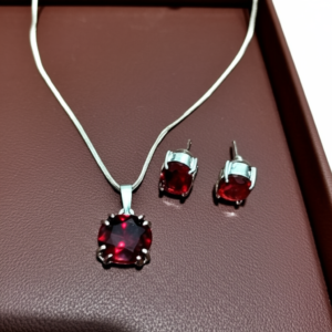 93.White Gold Plated Pendant and Earrings with Red Glass Stones | Premium Designer Jewellery by Meenysaneil