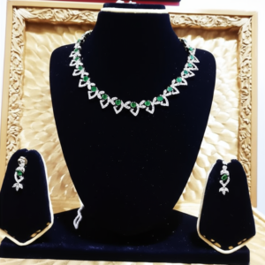 101.White Gold Plated Necklace & Earrings Set with American Diamonds & Green Stones – Elegant Party & Bridal Jewelry