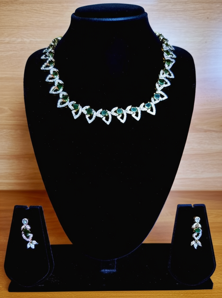 101.White Gold Plated Necklace & Earrings Set with American Diamonds & Green Stones – Elegant Party & Bridal Jewelry