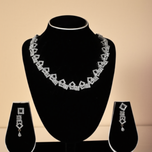 102.White Gold Plated Necklace & Earrings Set with American Diamonds – Modern Geometric Design Party & Bridal Jewelry