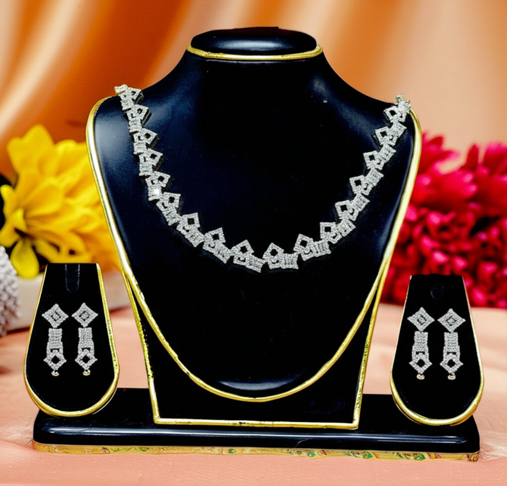102.White Gold Plated Necklace & Earrings Set with American Diamonds – Modern Geometric Design Party & Bridal Jewelry