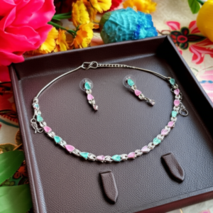 83.White Gold Plated Necklace Set with American Diamonds & Multi-Color Glass Stones | Meenysaneil-the Store